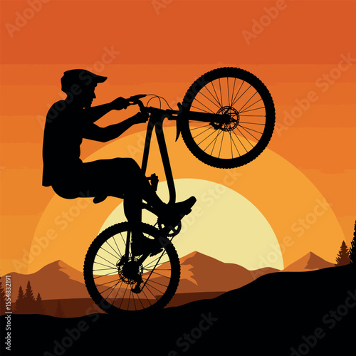 Cycling Silhouette against Sunset: A dynamic silhouette captures a cyclist mid-wheelie, set against a vibrant sunset, emphasizing action and outdoor adventure.