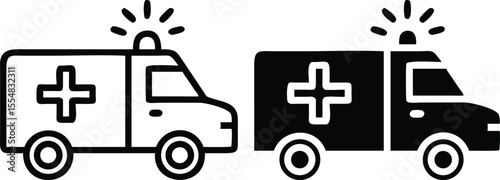 Flat Stylized Ambulance Icon with White Cross and Teal Details – Front View Vector Illustration on Transparent Background
