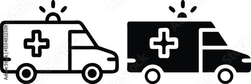 Flat Stylized Ambulance Icon with White Cross and Teal Details – Front View Vector Illustration on Transparent Background