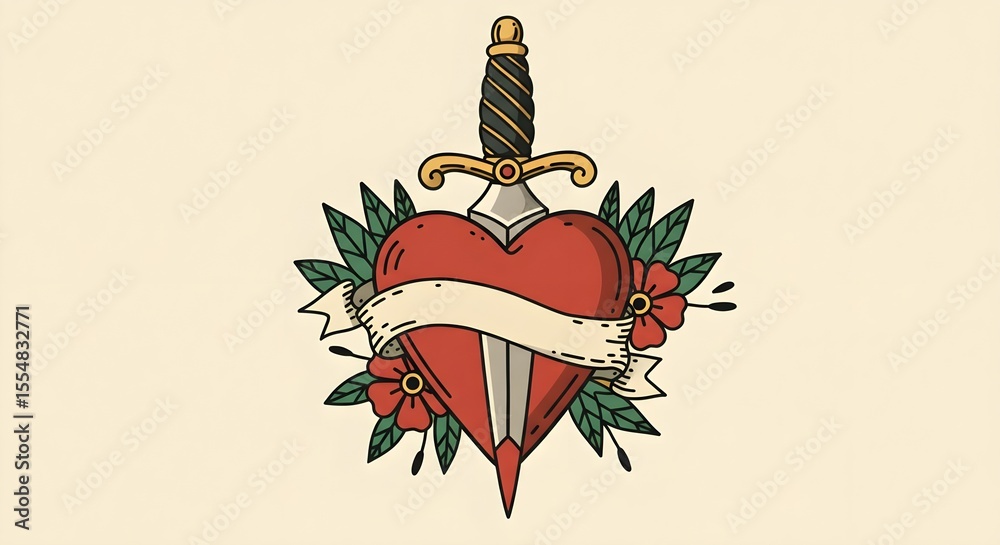 custom made wallpaper toronto digitalTattoo, Tattoo design, Traditional tattoo, Traditional Tattoo Design Dagger Through Heart with Flowers and Banner