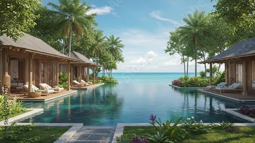 Tranquil beachfront resort with luxurious bungalows, palm trees, and serene ocean views