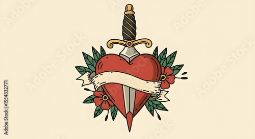 Tattoo, Tattoo design, Traditional tattoo, Traditional Tattoo Design Dagger Through Heart with Flowers and Banner