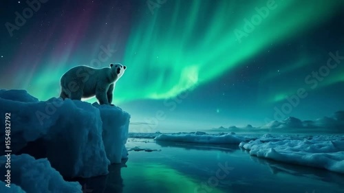 Polar bear standing on ice under the aurora borealis in the arctic night landscape view video