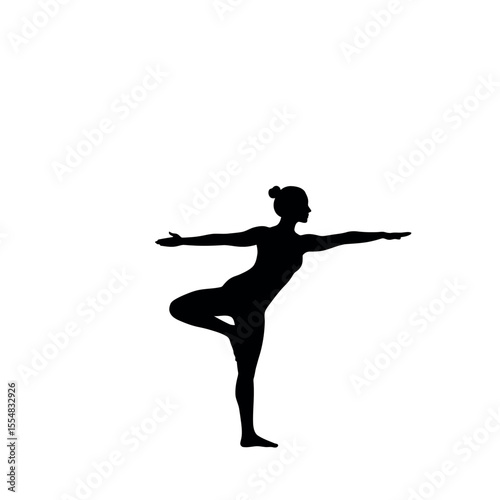 Silhouette of a woman gracefully poised in the Tree Pose (Vrksasana), embodies inner peace and physical equilibrium during yoga practice.