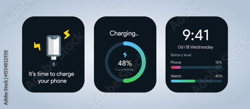 Power Sration charging UI. Percentage level tracker. Electric battery charge indicator widget. Modern UX design screen for app or smartphone interface. Green energy display. Vector Illustration.