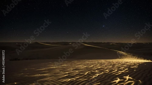 Tranquil desert landscape under a starry night sky with illuminated sand dunes and distant hills