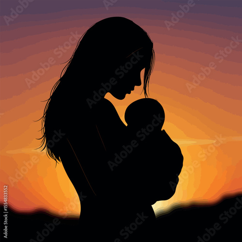 Mother's Silhouette at Sunset: A tender silhouette of a mother cradling her newborn baby against a vibrant sunset backdrop, symbolizing love and the bond of motherhood.