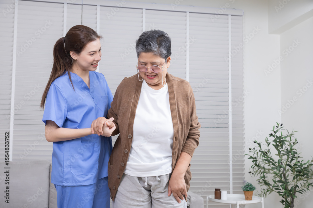 Fototapeta premium Healthcare, caregiver, hospitality, senior people, young nurse helping elderly woman with seated stretching activity on the couch, promoting trust, wellness, and positive physical therapy at home