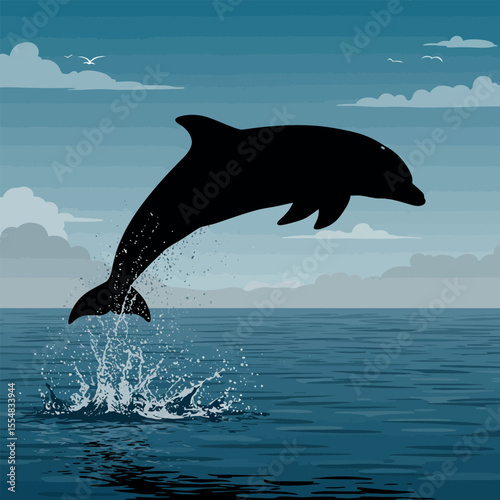 Dolphin Silhouette Leap: A majestic dolphin silhouette leaps gracefully from the ocean, creating a splash of water. The tranquil ocean scene is set against a serene twilight sky. 