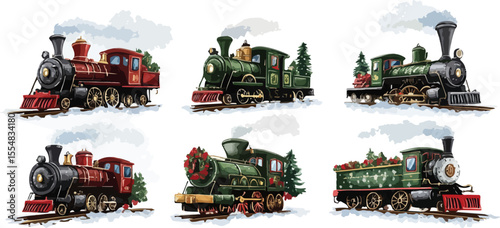 Festive Collection of Vintage Christmas Trains with Holiday Decorations including Wreaths and Christmas Trees in Red and Green Colors Isolated on a White Background Vector