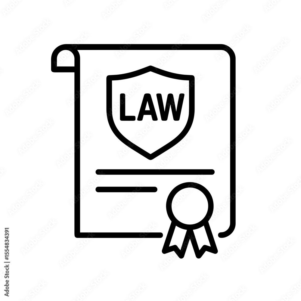 Law diploma icon with certificate ribbon and shield symbolizing legal qualification – outline version Law diploma icon with certificate ribbon and shield symbolizing legal qualification – outline version