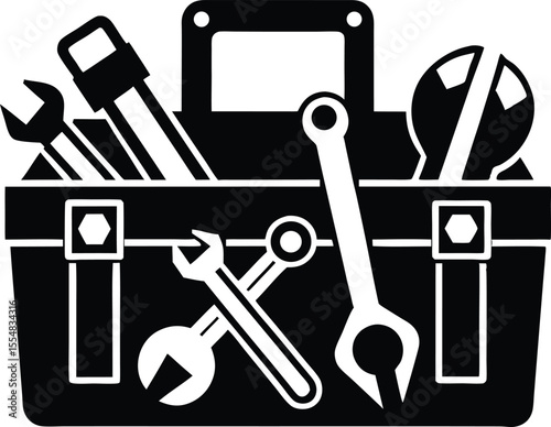 Vector art of a black and white vector illustration of a toolbox with various tools isolated on white background