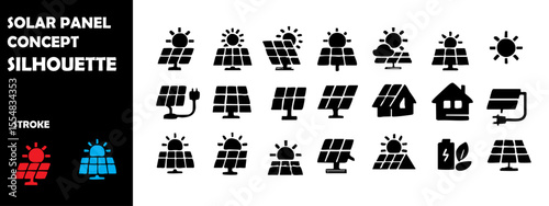 Solar Panel Concept Silhouette Vector Set – Renewable Energy and Sustainability Icons in Black and White