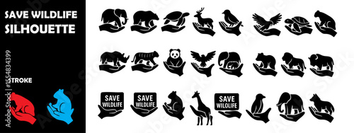 Save Wildlife Silhouette Vector Set – Conservation, Endangered Species and Forest Animal Protection Icons