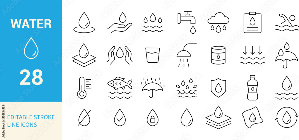 Water Line Editable Icons Set. Drops, Rain, Shower, Tap, Bottle, Swimming, Protection, and More. Vector Illustration.