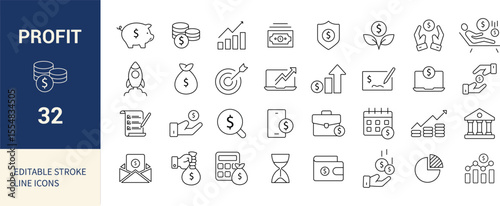 Profit Line Editable Icons Set. Money, Growth, Investment, Income, Savings, Business, Finance, and More. Vector Illustration.