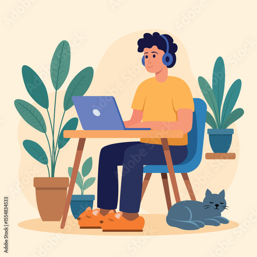 Flat-style vector illustration of a freelance worker sitting at home with a laptop, surrounded by indoor plants and a coffee mug, working comfortably in a cozy atmosphere.