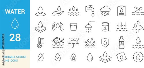 Water Line Editable Icons Set. Drops, Rain, Shower, Tap, Bottle, Swimming, Protection, and More. Vector Illustration.