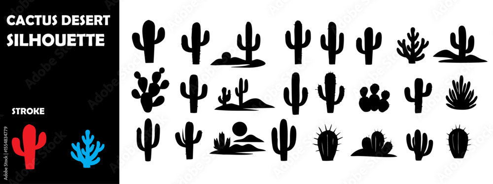 Obraz premium Cactus Desert Silhouette Vector Set – Arid Landscape, Sand Dunes and Western Nature Elements