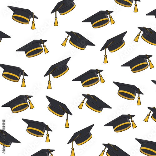 Graduation background, vector seamless pattern with flying shine graduate cap with tassel and on white background.