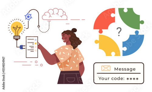 Woman interacts with task list, surrounded by lightbulb, puzzle pieces, and cloud. Ideal for innovation, brainstorming, teamwork, problem-solving, strategy planning design thinking simple flat