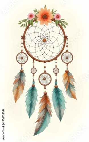 Dream catcher adorned with vibrant flowers and delicate feathers evokes tranquility and inspiration in a serene atmosphere