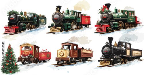 A Collection of Vintage Christmas Trains in Various Colors and Styles Adorned with Holiday Decorations Set Against a Snowy Background Evoking Nostalgia and Festive Cheer