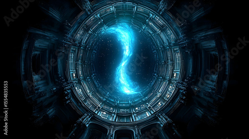 Glowing blue energy swirl in circular structure abstract technology background