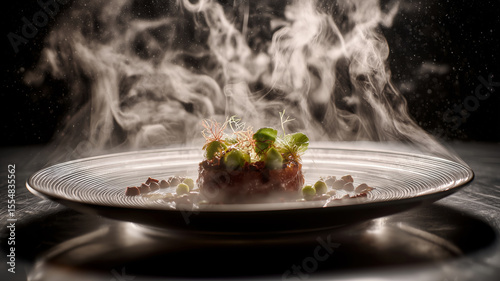 Gourmet dish elegantly rotating with steam rising at a fine dining establishment