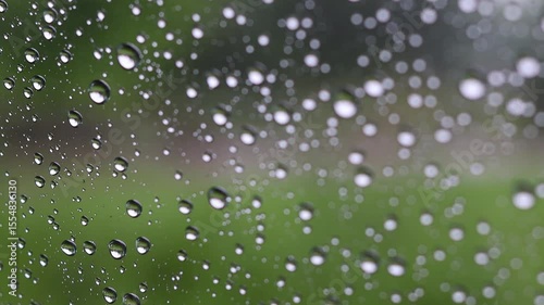 窓についた雨粒（雨音あり）
