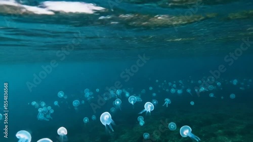 Underwater scene showcasing a large group of jellyfish swimming gracefully in clear ocean water