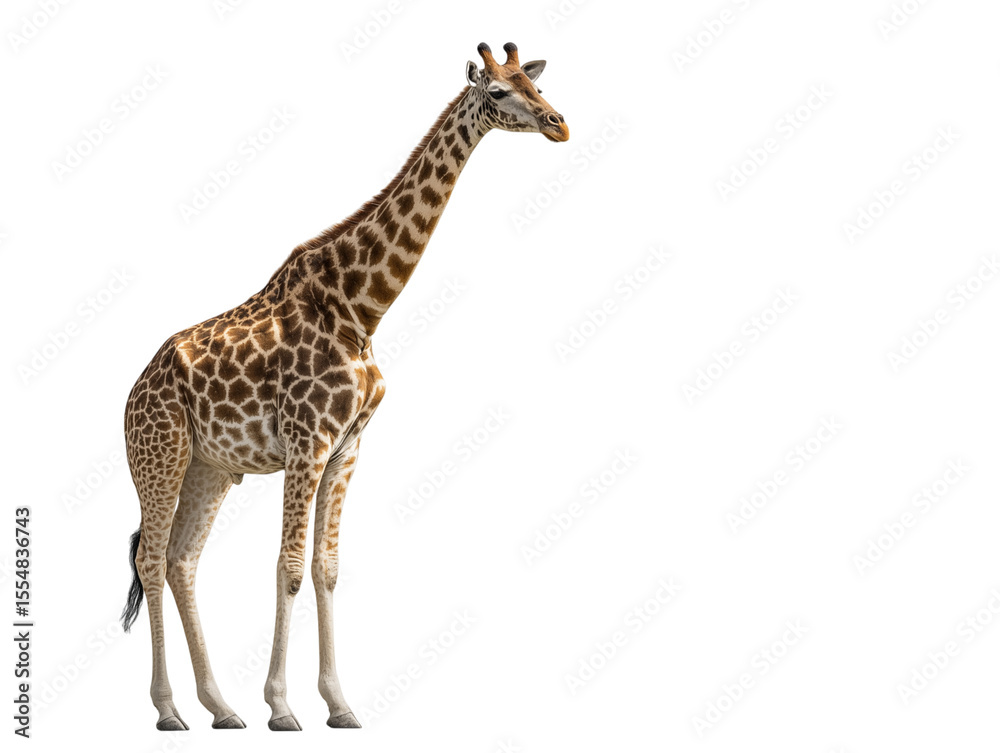 Obraz premium A tall, elegant giraffe stands tall in a bright and vibrant environment, showcasing its unique coat pattern and towering height. 