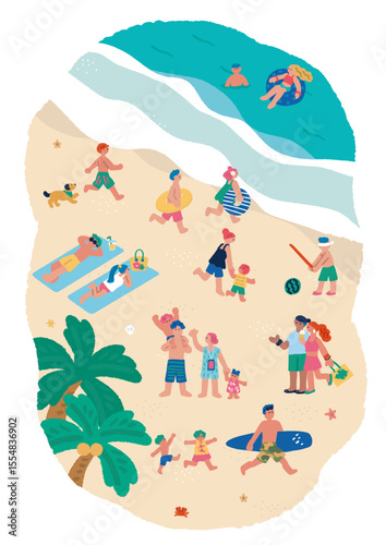 縦長の構図の海辺と夏を楽しむ人々のイラスト