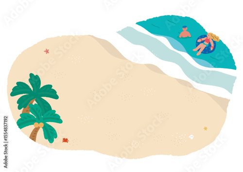 横長の構図の海辺と夏を楽しむ人々のイラスト