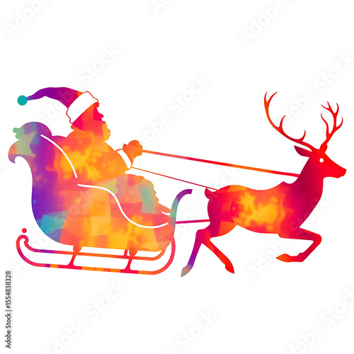colorful santa claus sleigh with reindeer silhouette