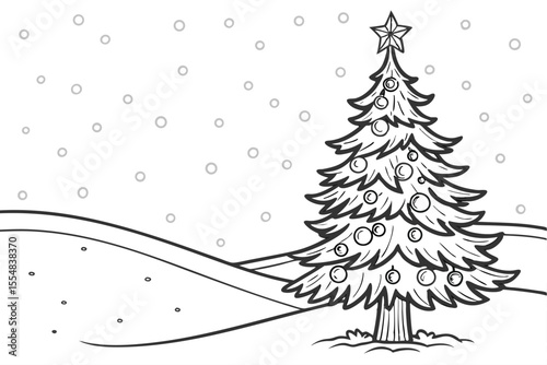 Black and white illustration of a decorated christmas tree in a snowy landscape