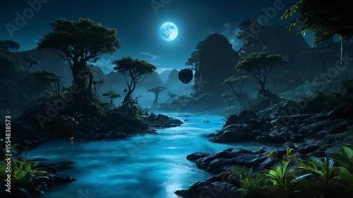 Wallpaper Mural Alien Jungle with Bioluminescent Plants and Glowing Blue Rivers Beneath Floating Rocks and Twin Moons for Surreal Sci-Fi Wilderness and Fantasy Adventure Advertising Campaigns Torontodigital.ca