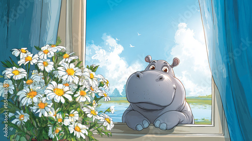 A sunny day illustration with a hippopotamus and daisies at a window scene