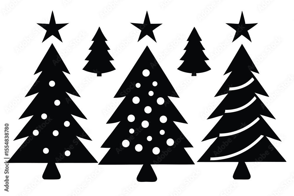 Fototapeta premium Stylized christmas trees with stars and decorations in silhouette