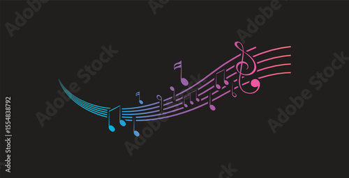 Musical notes stave line pattern symbols icon for staff and music note theme Transparent background wave Piano, jazz sound notes