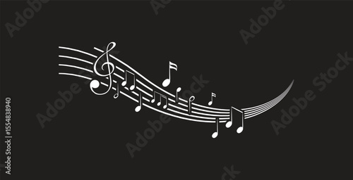 Musical notes stave line pattern symbols icon for staff and music note theme Transparent background wave Piano, jazz sound notes