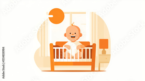 Baby happily seated in a crib, captured in a flat illustration style