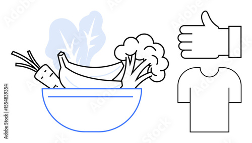 Bowl with banana, broccoli, carrot, and greens. Thumbs-up and shirt symbols represent health, diet, nutrition, and well-being. Ideal for health blogs diet tips eco-lifestyle fitness simple