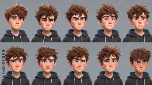 Boys' character creation pack with various facial expressions, hairstyles, and poses