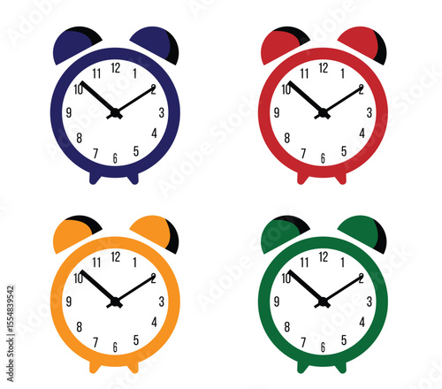 Alarm Clock Different Colors Set Flat Style. Time measure device and retro object vector art