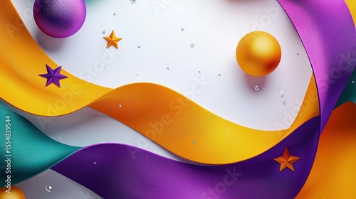 Colorful ribbons, stars & spheres on white surface