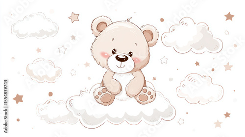 Cute baby bear illustration surrounded by stars and clouds