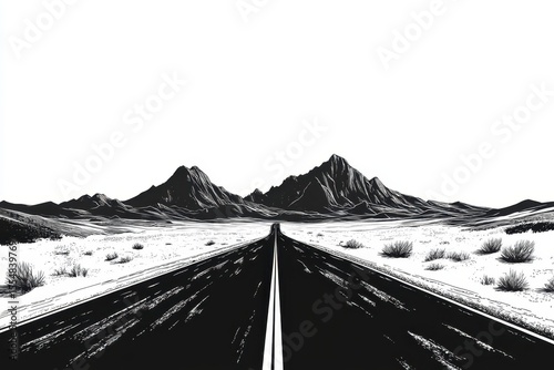 Long straight road stretches through a barren landscape with distant mountains under a bright sky, inviting adventure and exploration