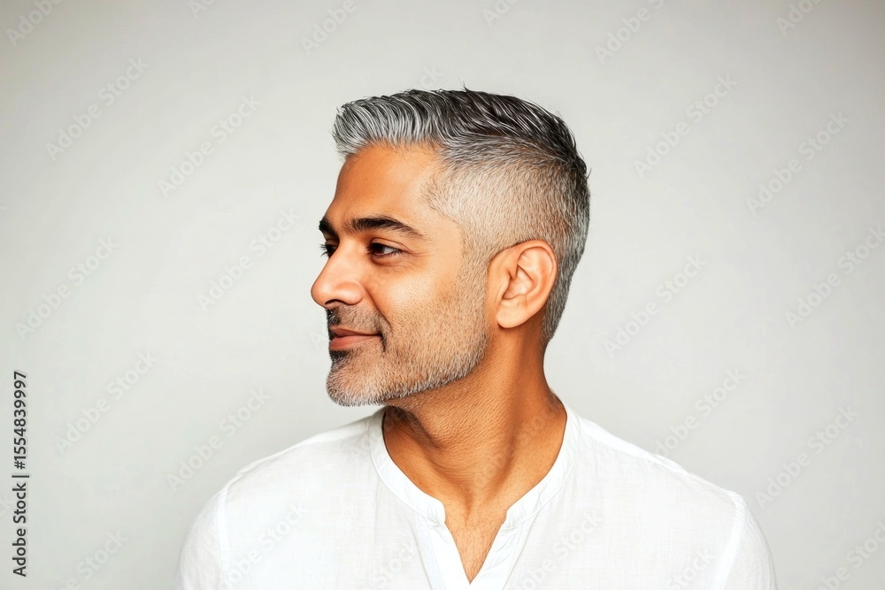 Obraz premium Fashionable men's disconnected undercut haircut - midlife indian man with short hair. Creative of style for aging men. A trendy and poised male showing charm. Pure white solid background.