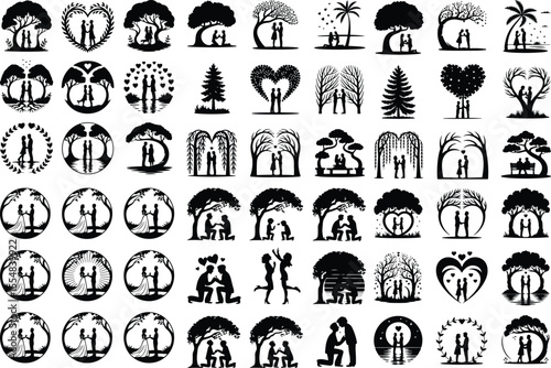 Romantic Proposal Under Tree Silhouette Set – Love Moment Icons Engagement Scene Vector Icon – Couple Proposal Under Tree Design